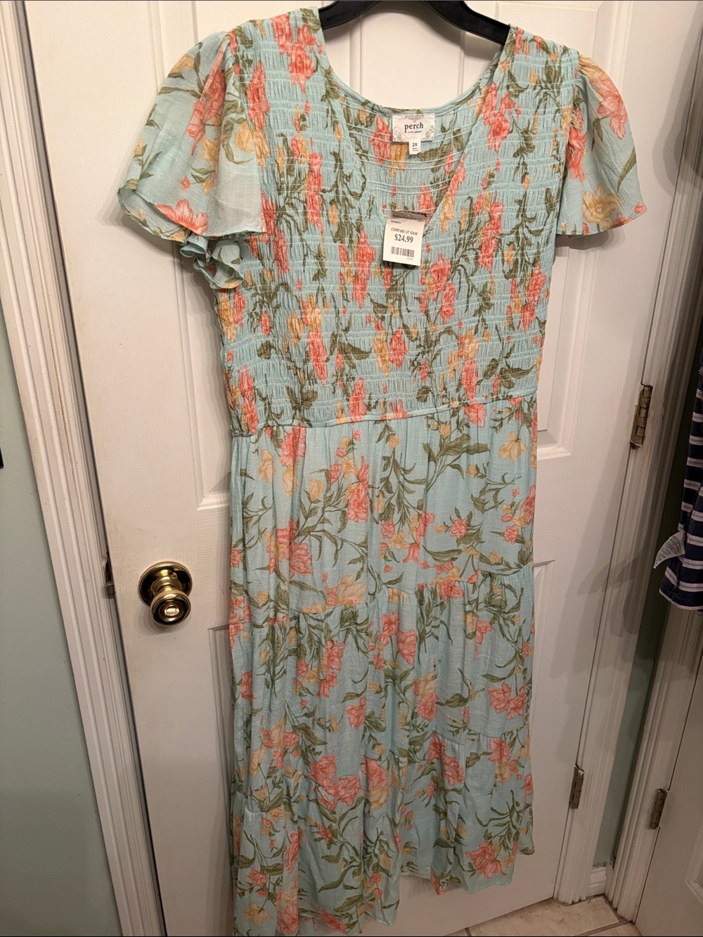 Perch Floral Maxi Dress in Light Blue with Pink Blossoms
